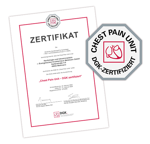 Bild des DGK-Zertifikats und dem Siegel unserer Chest Pain Unit.