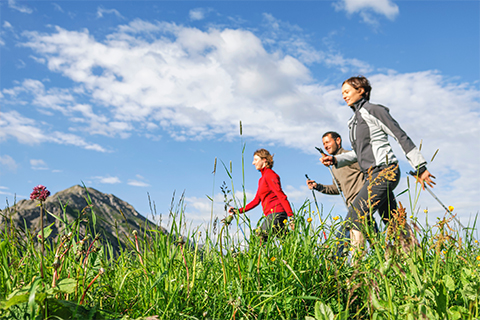 Newsbild: Zwei Frauen und ein Mann beim Nordic Walking in der Natur bei blauem Himmel.